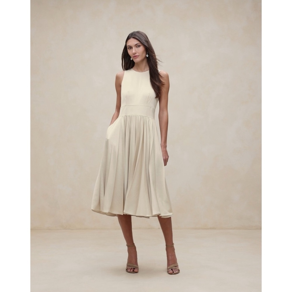 Banana Republic Ness Pleated Satin Midi Dress Size 4 Cream - Picture 2 of 14